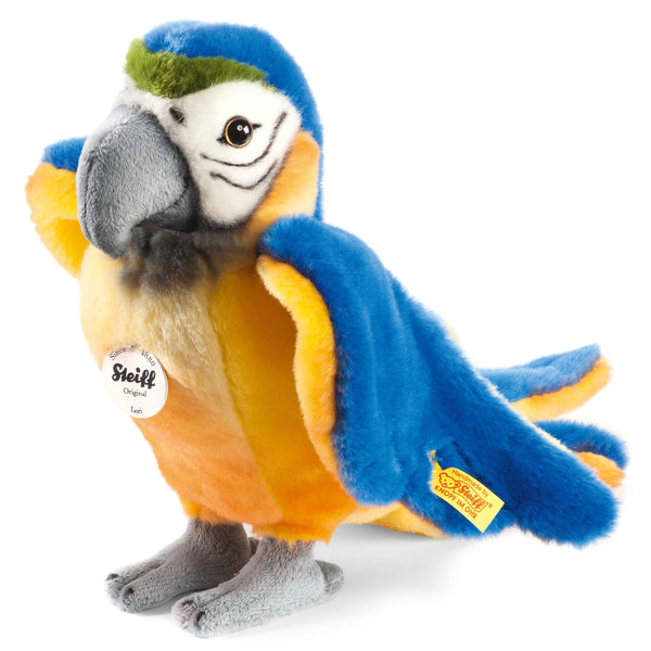 Lori Parrot 26cm / Parrot 26 cm sinisenä ja keltaisena saksalaiselta Steiff - CE-MERKITTY - Knopf im Ohr