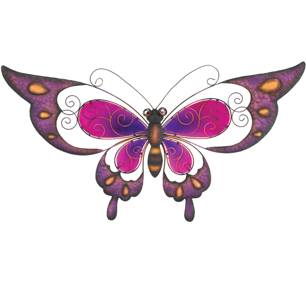 Metalliseinien koristelu Kiiltävä violetti perhonen, 74cm. Perhonen seinäkoristelu.